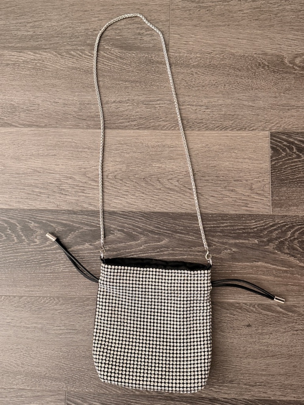 Madison West Silver Rhinestone Crossbody Bag with Black Trim